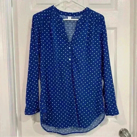 Old Navy Women Blouse Size M Blue Polka Dot V Neck Long Sleeve Shirt Top Button - Picture 1 of 7